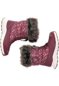Warme bordeaux winterlaarzen met een bloemenprint bovenkant, nep-bont kraag en duurzame witte rubberen zool voor grip en comfort.