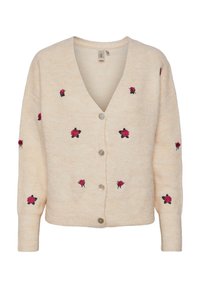 Krämfärgad kofta med V-ringning, prydd med broderier av rosa rosor och knäppning. Stickad struktur med ribbade ärmmuddar.