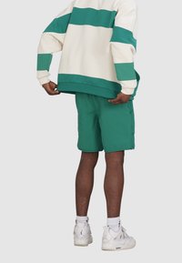 Zielone szorty i kremowa bluza w poziome zielone paski. Bluza ma swobodny krój i ściągacze na mankietach. Białe trampki.