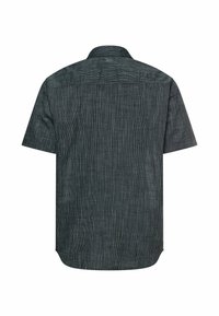 Donkergrijs overhemd met korte mouwen en knopen, met subtiele verticale strepen, gezien van achteren tegen een witte achtergrond.