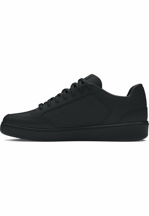 Black low-top sneaker with lace-up closure, smooth synthetic upper, and flat rubber sole shown in side profile.