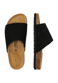 Sandales en daim noir à semelle en liège, au design ergonomique et à semelle en caoutchouc texturé. Modèle ouvert à l'avant et sans talon.