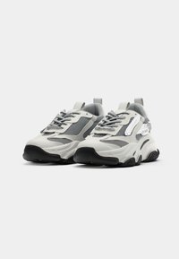 Baskets épaisses avec une tige en mesh blanc et gris, semelle noire contrastante et accents texturés. Comprend des œillets renforcés et une languette.