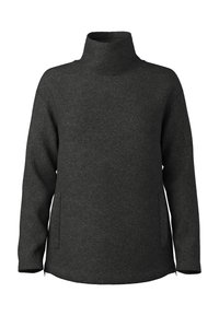 Pullover grigio antracite realizzato in tessuto infeltrito, con collo alto, maniche lunghe e due tasche laterali con dettagli in zip.