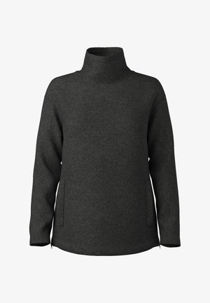 Antracietgrijze pullover van viltachtige stof, met een hoge nek, lange mouwen en twee zijzakken met ritsaccenten.