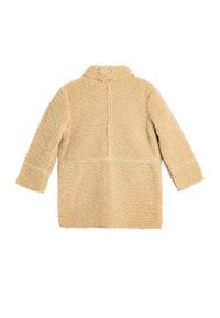 Beige, struktureret, fuzzy frakke med krave, lange ærmer og lige snit. Har synlige sømlinjer på ryggen og ærmerne.