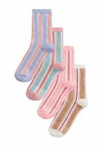 Quattro paia di calzini a righe con colori pastello: lilla, rosa, azzurro chiaro e marrone con punta e tallone a contrasto.