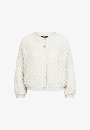 Balts adīts kardigans ar reljefa rakstu, apaļu izgriezumu, pogu aizdares un ribotām aprocēm. Mīksta, viegla auduma.