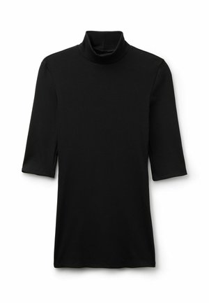 Black ribbed short-sleeve turtleneck shirt with a fitted design, displayed flat on a white background.