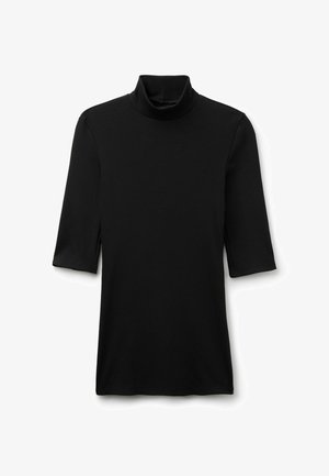 Camiseta negra de manga corta con cuello alto y diseño acanalado, ajustada, mostrada plana sobre un fondo blanco.