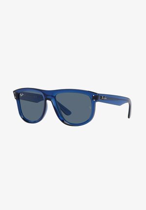 Occhiali da sole in plastica blu con lenti scure. Design con montatura quadrata. Presentano il logo Ray-Ban sulle aste. Leggeri, con texture liscia.