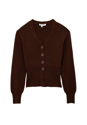 Ciemnobrązowy sweter rozpinany z dzianiny z dekoltem w serek, długimi rękawami, prążkowanymi mankietami i czterema guzikami z przodu pośrodku.