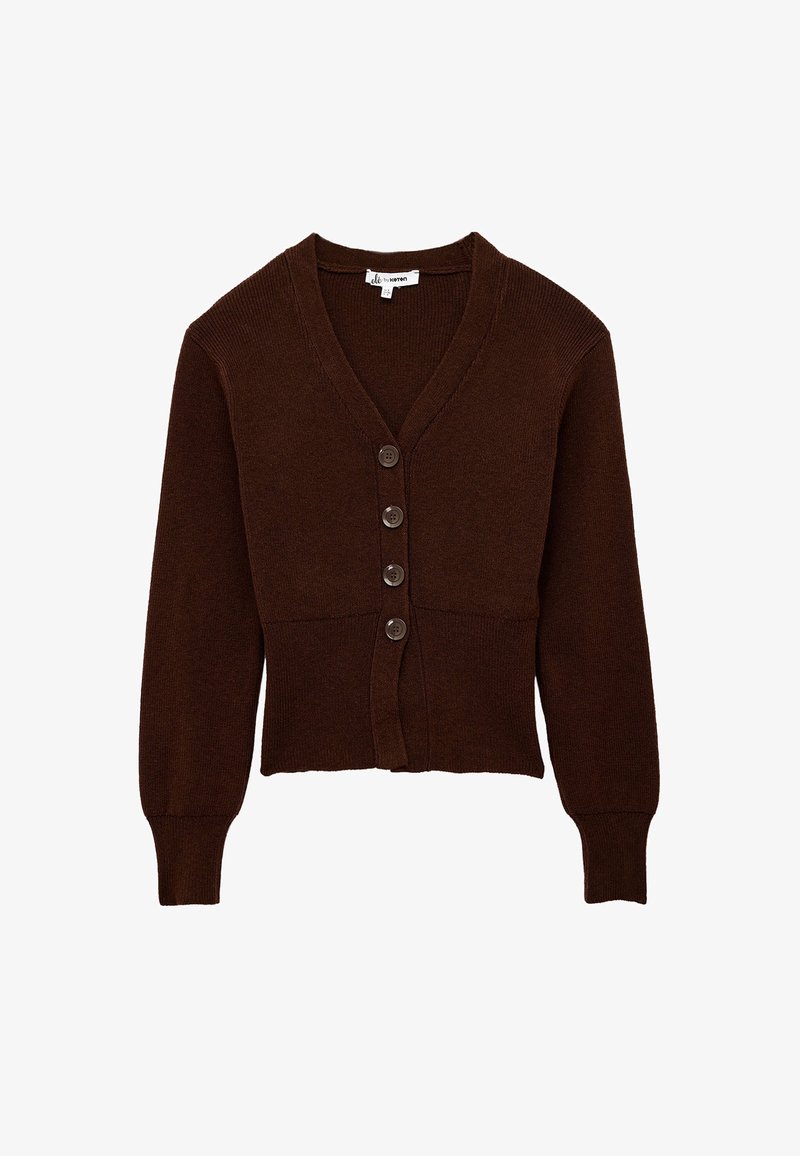 Cardigan tricoté marron foncé avec col en V, manches longues, poignets côtelés et quatre boutons sur le devant au centre.