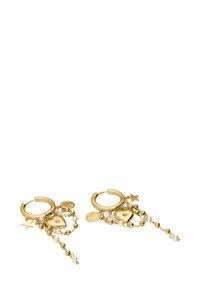 Pendientes de aro dorados que cuentan con charms en forma de corazón y estrella, acentos de cuentas y monedas miniatura, con un diseño de cadena en cascada y embellishments perlados.