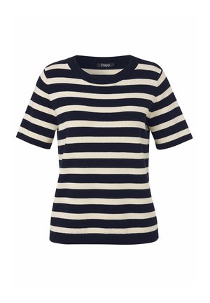 Kurzärmliges Stricktop mit marineblauen und weißen horizontalen Streifen und rundem Halsausschnitt.