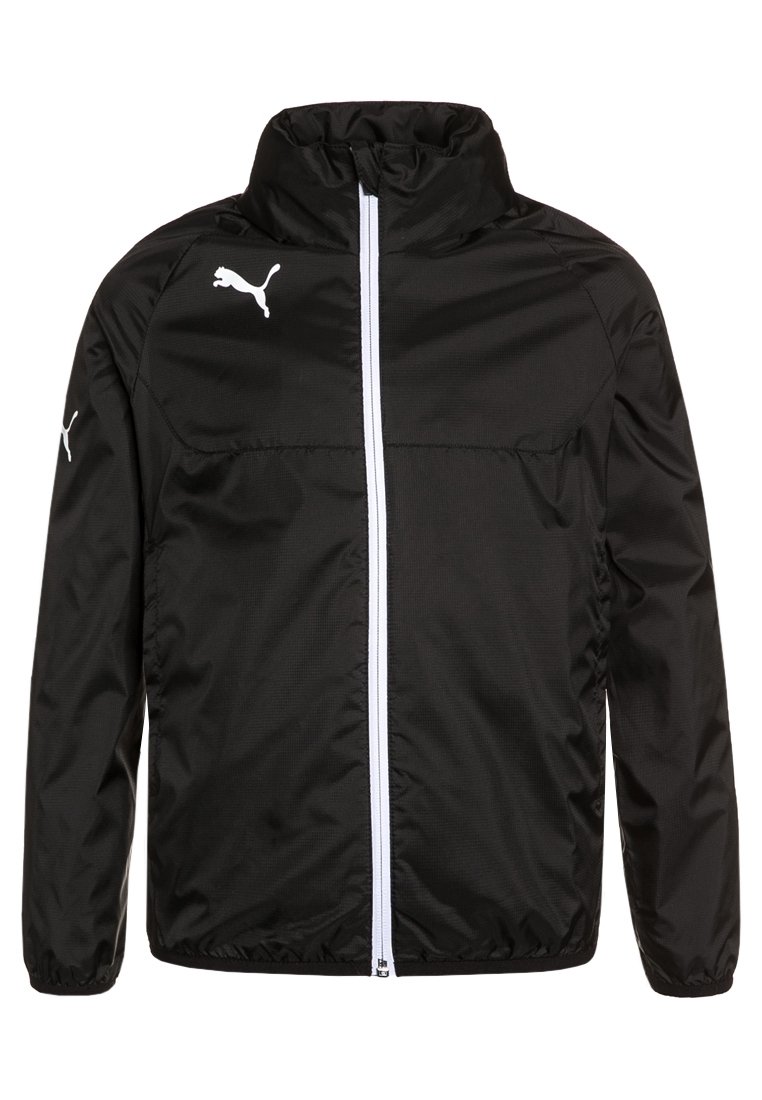 Black windbreaker jacket made of lightweight fabric, featuring a high collar, white zipper, and contrasting white logo on the chest and sleeves.