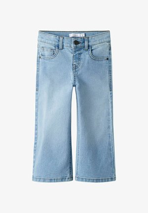 Svetlomodré rifľové nohavice pre batoľatá s predným gombíkom, očkami na opasok a dizajnom s piatimi vreckami, s rovnými nohavicami a jemnými detailmi šitia.