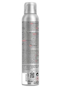 Sølv aerosolboks med teksturert overflate. Inneholder ingrediensliste og bruksanvisning på flere språk, trykket med liten svart tekst.