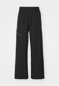 Mustat leveät housut, joissa on joustava vyötärö ja sivutaskut, joissa on harmaat vetskarit. Valmistettu pehmeästä, kevyestä kankaasta.