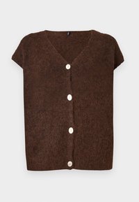 Cardigan marron duveteux à manches courtes avec un col en V et quatre boutons blancs sur le devant, sur un fond clair uni.