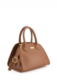 Brown leather handbag with a textured finish, curved top, two handles, removable shoulder strap, and gold-tone hardware accents.