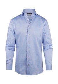 Lichtblauwe langemouwen shirt van zachte stof, met een klassieke kraag, knoopsluiting en een slim fit ontwerp.