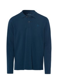 Granatowa longsleeve polo z bawełny, z trzyguzkowym zapięciem i małym logo na piersi. Prosty, jednolity design.