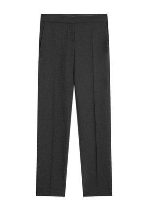 Pantaloni eleganti neri a gamba dritta con tasche laterali e piega frontale, adatti per abbigliamento da lavoro o formale.