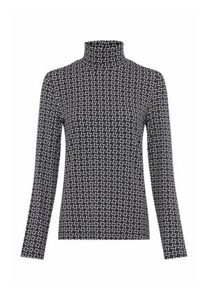 Haut noir à manches longues en col roulé avec un motif géométrique blanc de lignes courbes connectées recouvrant uniformément le tissu.