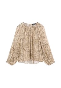 Beige Bluse mit langen Ärmeln aus leichtem Stoff, mit gerafftem Ausschnitt und einem vertikalen schwarzen Streifenmuster.