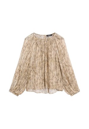 Blusa beige a maniche lunghe realizzata in tessuto leggero, caratterizzata da un colletto arriccito e da un motivo a righe verticali nere su tutta la superficie.