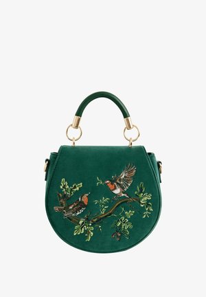 Green suede handbag with a rounded shape, featuring embroidered birds and branches. Gold hardware and a curved handle add notable accents.