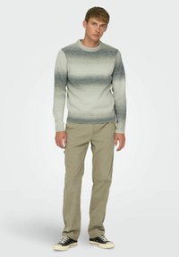 Maglione grigio chiaro con una sfumatura grigio scuro, colletto rotondo e polsini a costine. Pantaloni in velluto a coste verde oliva e sneakers nere. Modello maschile in piedi.