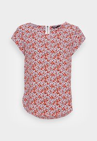 Blusa bianca a maniche corte con stampa floreale di fiori rossi e viola, scollatura rotonda e dettaglio a chiave sulla schiena.