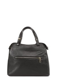 Sac à main en cuir noir texturé avec deux poignées et une poche zippée horizontale à l'avant avec quincaillerie argentée.