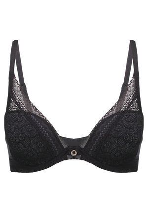 Schwarzer Spitzen-BH mit weichen Cups, transparenten Einsätzen, zartem Blumenmuster, verstellbaren Trägern und einem goldfarbenen Hardware-Highlight auf der Vorderseite.