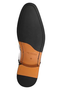 Black rubber sole with a tan leather accent. Features detailed stitching and embossed "ROY ROBSON 43" on the insole. Smooth texture overall.