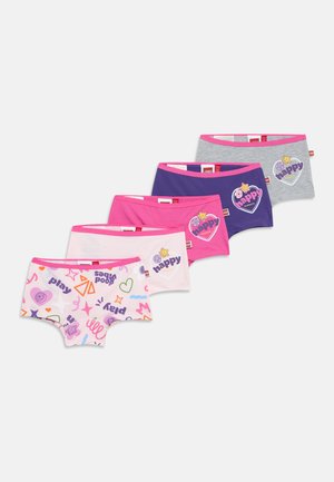 Cinq paires de sous-vêtements colorés pour enfants avec des ceintures roses, présentant des motifs joyeux et ludiques en rose, violet, gris et multicolore.