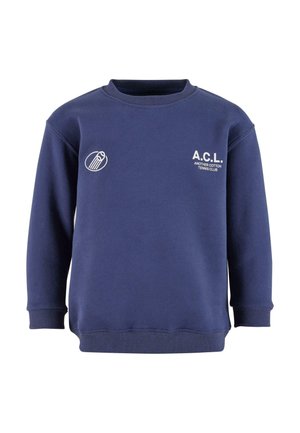 Marineblå bomullssweatshirt med ribbet rund hals. Har hvite trykte grafikker: "A.C.L." og en tennis klubblogo på venstre bryst.