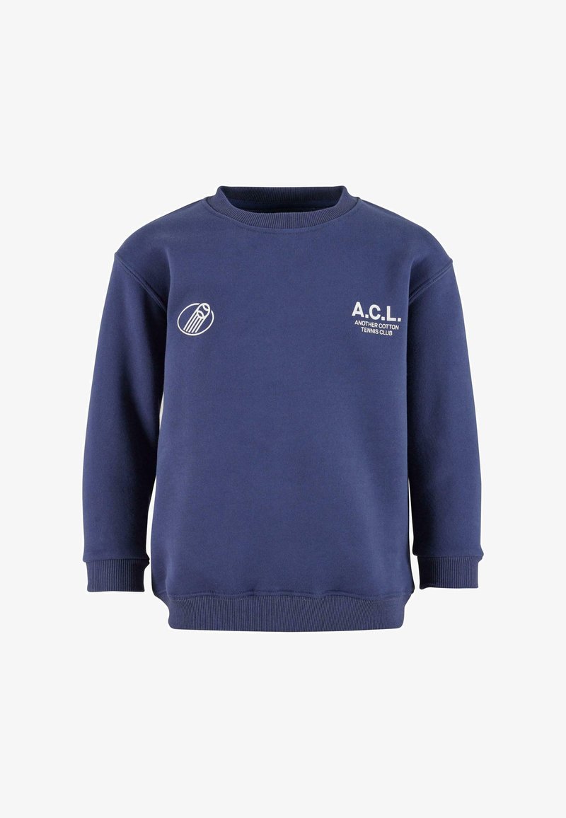 Felpa in cotone blu scuro con colletto a coste. Presenta grafiche stampate bianche: "A.C.L." e un logo di un club di tennis sul lato sinistro del petto.