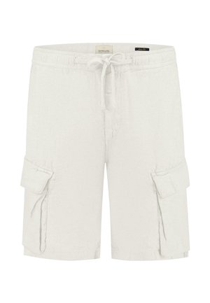 White linen cargo shorts with elastic waistband and drawstring. Features two side cargo pockets and a relaxed fit. Smooth texture.