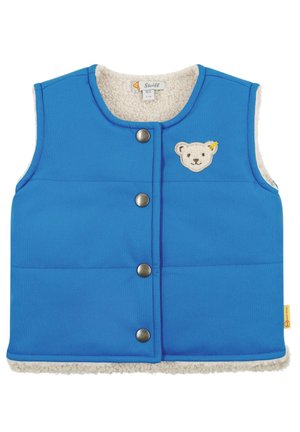 Gilet sans manches rembourré bleu pour tout-petit avec boutons-pression métalliques et écusson d'ourson blanc sur la poitrine, doublé d'une polaire crème douce.