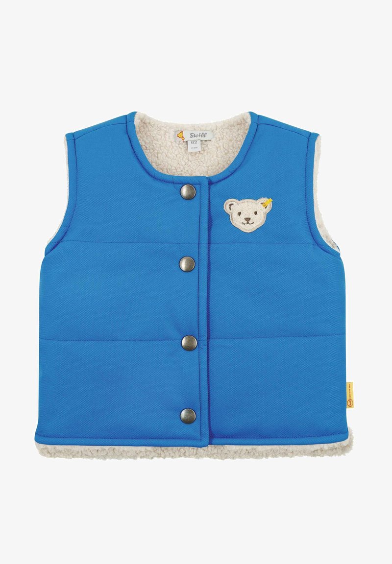 Gilet sans manches rembourré bleu pour tout-petit avec boutons-pression métalliques et écusson d'ourson blanc sur la poitrine, doublé d'une polaire crème douce.