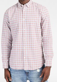 Röd och blå rutiga skjorta med klassisk krage, långa ärmar och vita knappar, matchad med slitna blå jeans.