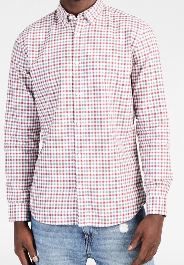 Röd och blå rutiga skjorta med klassisk krage, långa ärmar och vita knappar, matchad med slitna blå jeans.