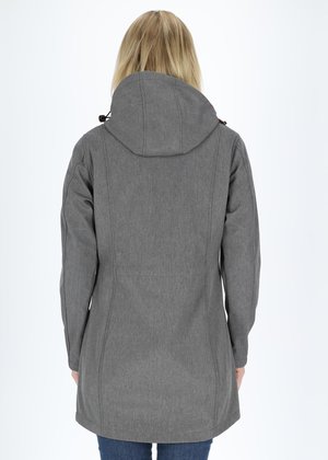 Gray, textured jacket with a hood, featuring seam detailing and toggle closures. The design has a slightly curved hem and long sleeves.