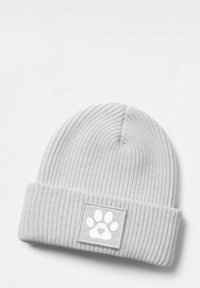 Gray ribbed beanie featuring a folded cuff and a square patch with a white paw print and heart design. Soft knit texture.