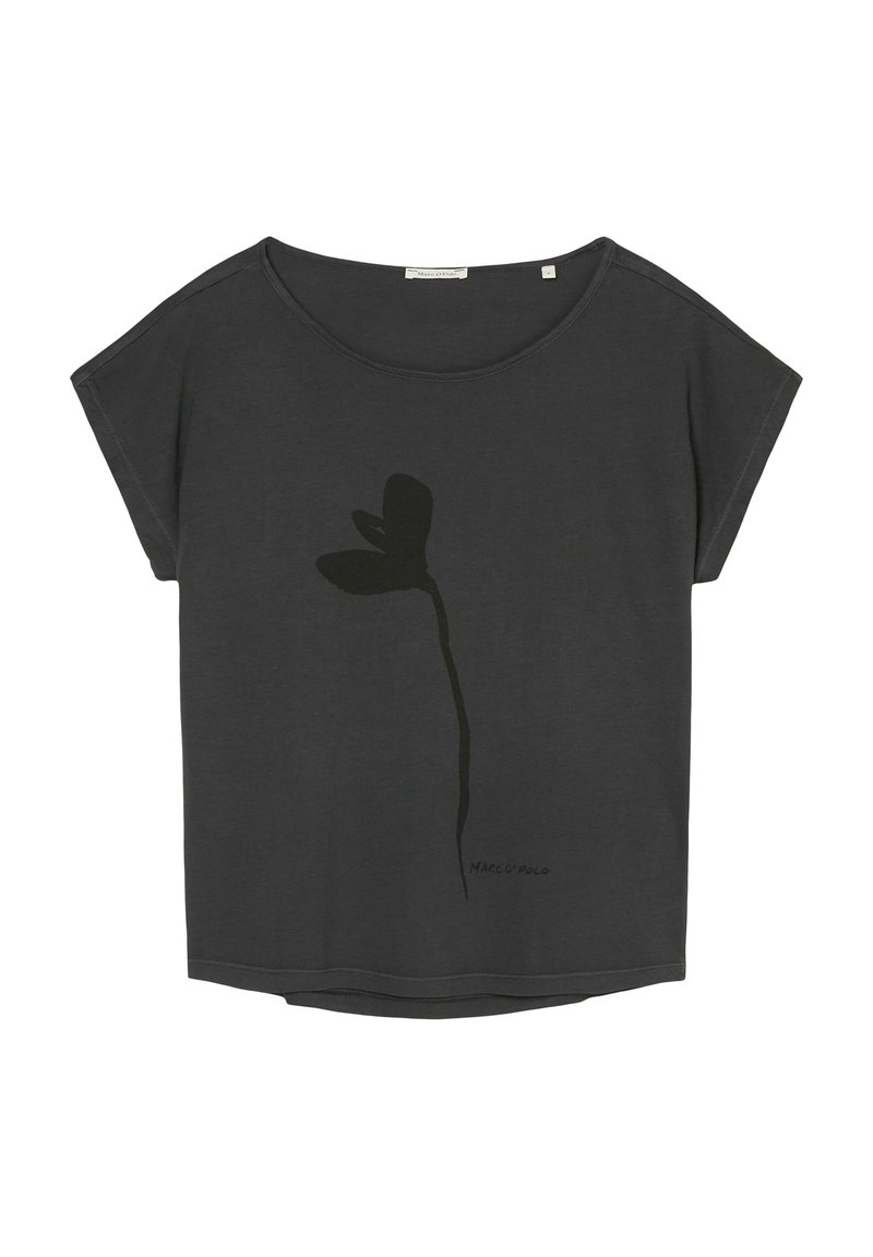 Tmavě šedé tričko s volným střihem, kulatým výstřihem a krátkými rukávy. Na přední straně má černý květinový vzor a hladkou texturu.