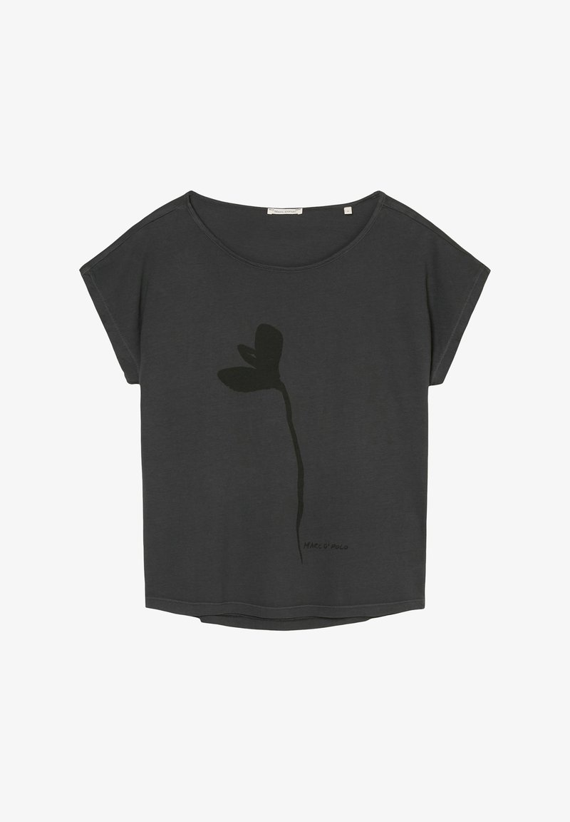 Tmavě šedé tričko s volným střihem, kulatým výstřihem a krátkými rukávy. Na přední straně má černý květinový vzor a hladkou texturu.