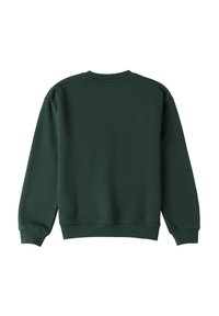 Felpa girocollo verde scuro con maniche lunghe e polsini e orlo a coste, mostrata dal retro su uno sfondo bianco.